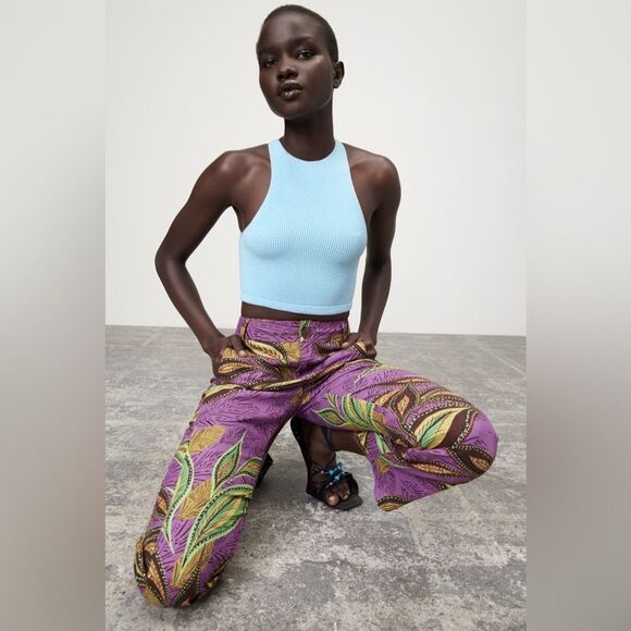 Zara Linen High Waisted Hi Rise Flare Patterned Pants Small - Picture 1 of 14